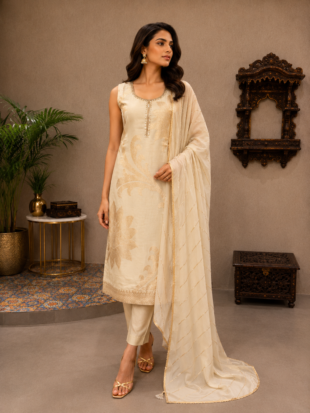 Women's Tissue Silk Embroidered Kurta Pant Set with Dupatta